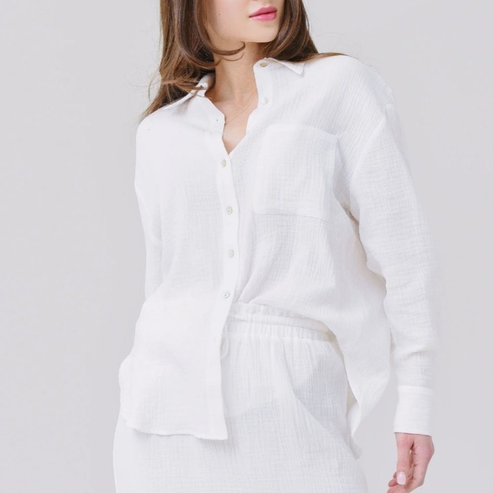 BB DAKOTA Steve Madden Oh My Gauze Top White Beachy Large Cotton Long Sleeve